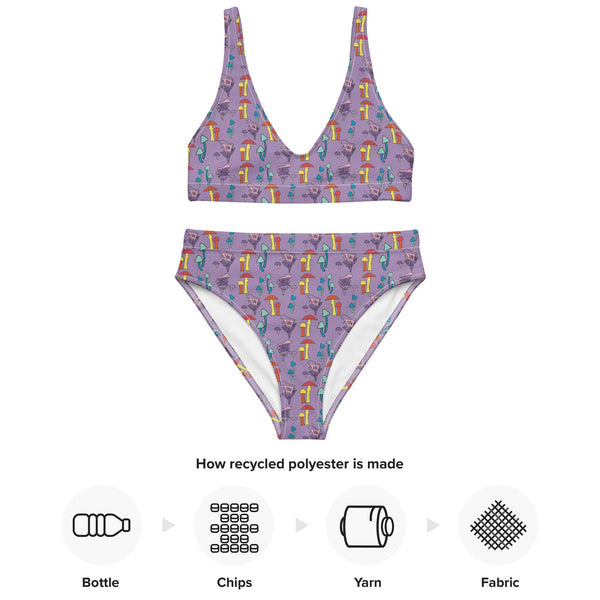 flat-lay image of the high-waisted mushroom bikini, featuring a label highlighting its recycled polyester composition and sustainable swimwear benefits.