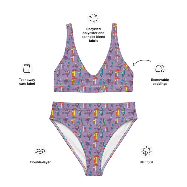 A close-up of the mushroom-printed bikini fabric, showcasing the vibrant hand-painted design, UPF 50+ protection, and chlorine-resistant, high-quality material.