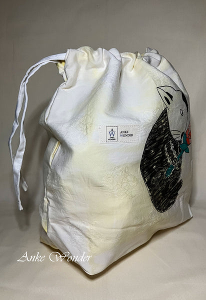 Hand-Painted Black Bunny with Rose Drawstring Bag Naturally Dyed - Anke Wonder LLC