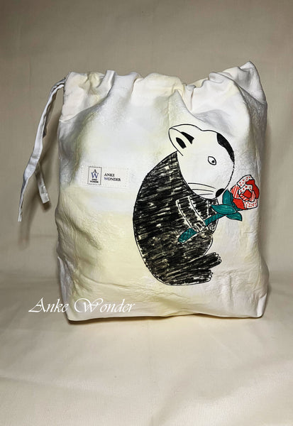 Hand-Painted Black Bunny with Rose Drawstring Bag Naturally Dyed - Anke Wonder LLC