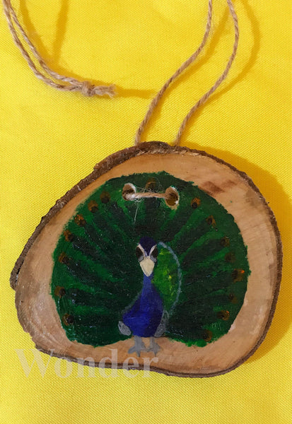 Handpainted Wooden Necklace with green and blue peacock, with brown cotton band and gift box.