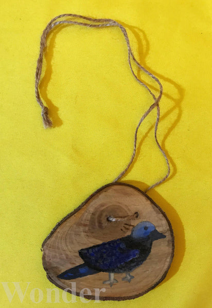Handpainted Wooden Necklace with gray and blue zebra dove, with brown cotton band and gift box.