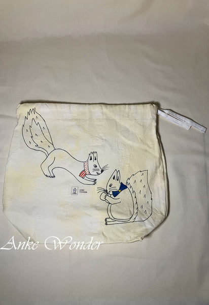 Hand-Painted Squirrels Drawstring Bag Naturally Dyed - Anke Wonder LLC