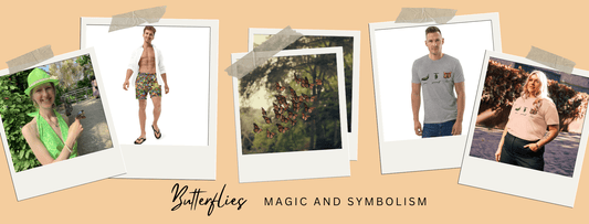 Collage of photos that show different garments with butterfly designs from Anke Wonder.