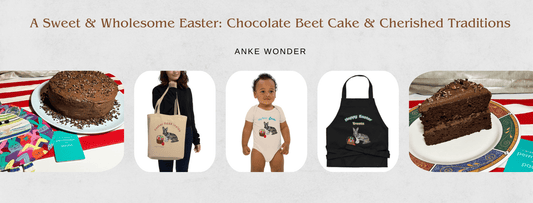 Photo Collage with Chocolate Beet Cake, an Easter Tote Bag, Easter Baby Suit and Easter Apron by Fashion Designer Anke Wonder.