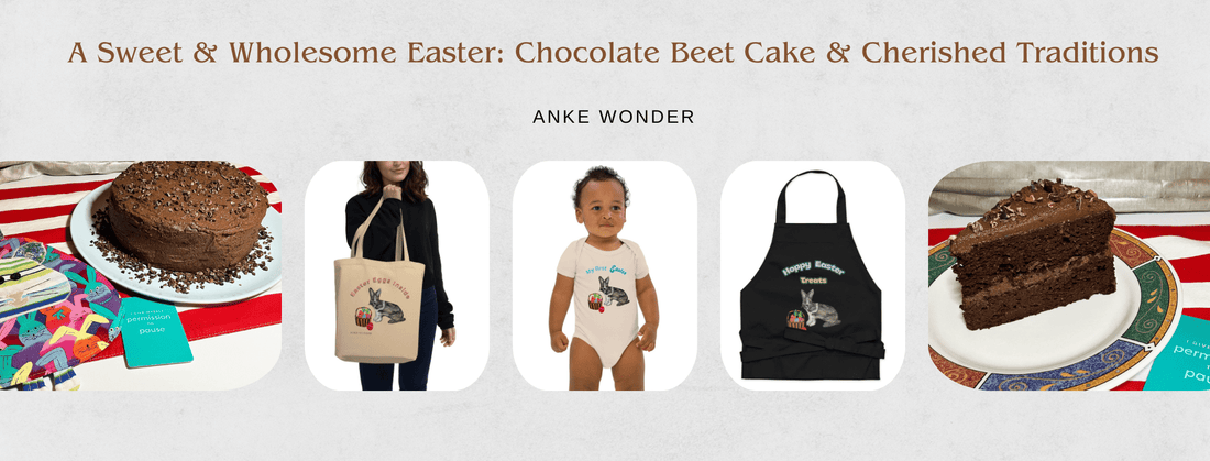 Photo Collage with Chocolate Beet Cake, an Easter Tote Bag, Easter Baby Suit and Easter Apron by Fashion Designer Anke Wonder.