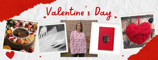 Collage of several pcitures, a chocolate fondue, notebook, sweatshirt, heart, mirror as part of the eco-friendly Valentine's Day Ideas Blog Post by Anke Wonder.
