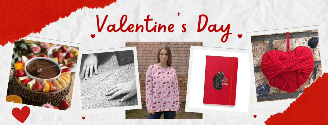 Collage of several pcitures, a chocolate fondue, notebook, sweatshirt, heart, mirror as part of the eco-friendly Valentine's Day Ideas Blog Post by Anke Wonder.