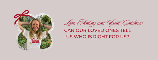 Image Banner showing a woman in a t-shirt that says love with the words love, healing and spirit guidance.
