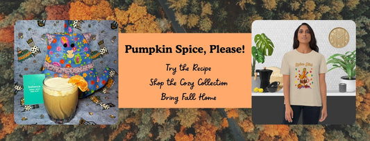 Cover Photo with Autumn Leaves, Pumpkin Spice Latte and a woman wearing a spice girl shirt.