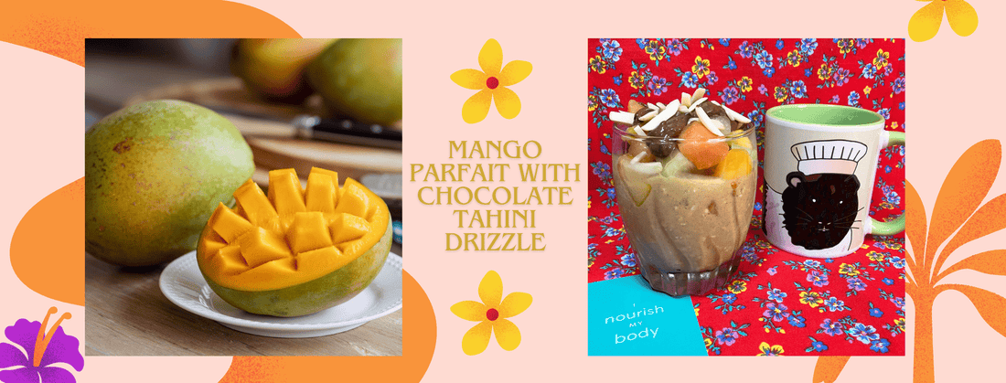 A collage image featuring a close-up of a sliced mango on the left, a parfait topped with fruit and nuts next to a guinea pig-themed mug on the right, and the text "Mango Parfait with Chocolate Tahini" in the center.