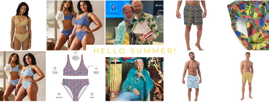 Photo Collage of colorful bikini and swim trunks designs by Anke Wonder with an image of Dr. Greger and Iris Apfel.