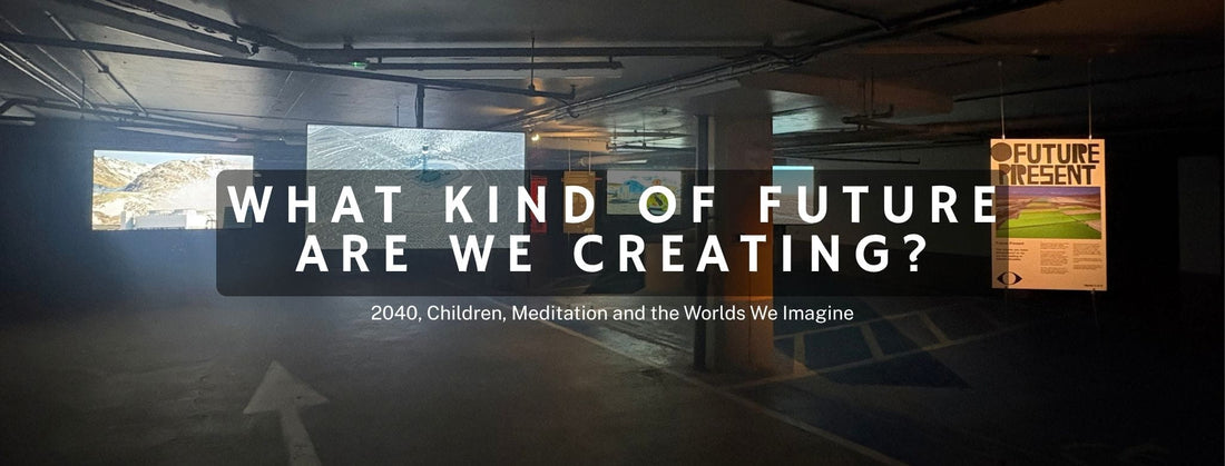 Banner Photo from the Exhibition Worlds in London with the overlay text 'What Kind of Future are we creating?'.