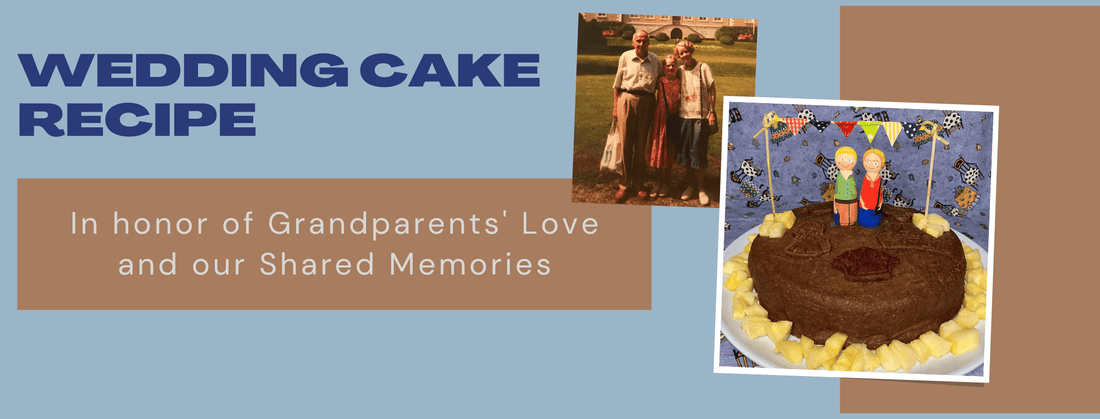 Collage featuring the blog title 'Marzipan Cake: A Tribute to Love and Tradition,' alongside a photo of the cake and a childhood photo of me with my grandparents on vacation.