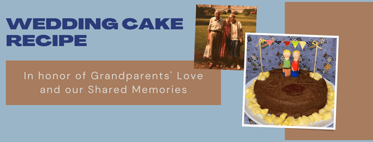Collage featuring the blog title 'Marzipan Cake: A Tribute to Love and Tradition,' alongside a photo of the cake and a childhood photo of me with my grandparents on vacation.