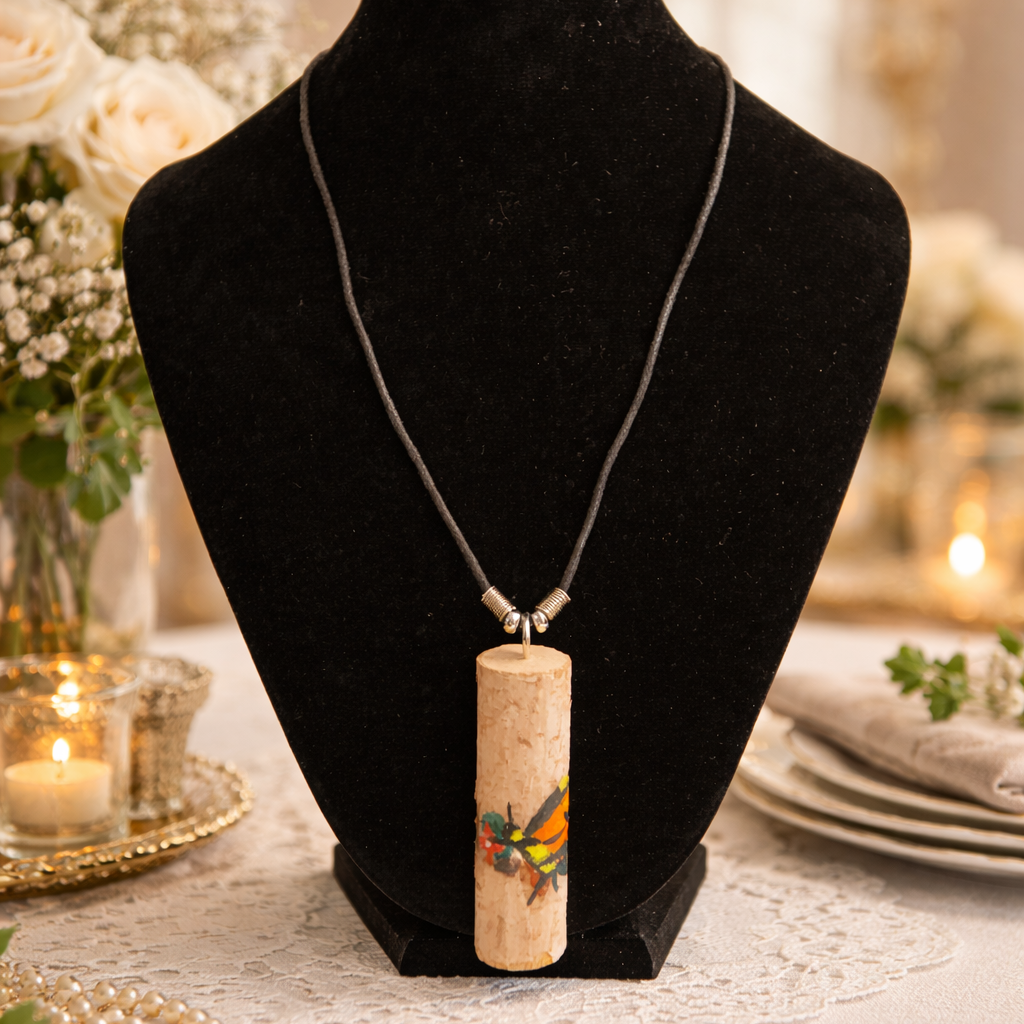 Wooden necklace with handpainted butterfly on black bust on table.