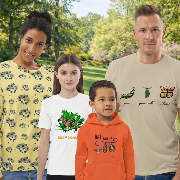 A woman, man and two children in colorful shirts in front of garden background.