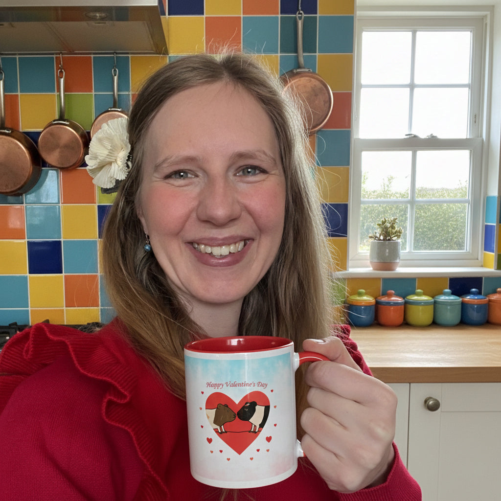 Designer Anke Wonder holding the 'Happy Valentines Day Guinea Pig Mug' and stands in a colorful kitchen.