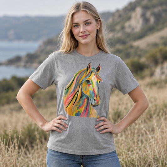 A woman standing outdoors in a grassy field with hills and water in the background, wearing a heather gray short-sleeve t-shirt with a colorful watercolor-style horse graphic on the front, paired with blue jeans.
