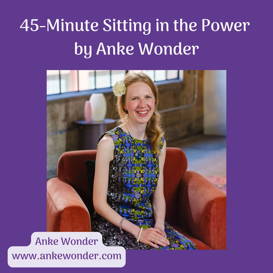 Woman sitting on a red chair with text about '45-Minute Sitting in the Power' by Anke Wonder on a purple background.
