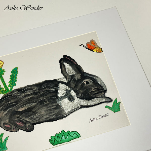 Hand-Embroidered Rabbit in Meadow Painting - Original