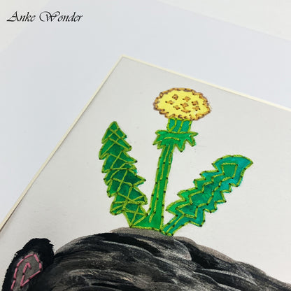 Close-up of an embroidered dandelion in Anke Wonder’s "Rabbit in Meadow" artwork. The yellow dandelion flower and green leaves are meticulously hand-embroidered, adding dimension and texture to the acrylic-painted meadow.