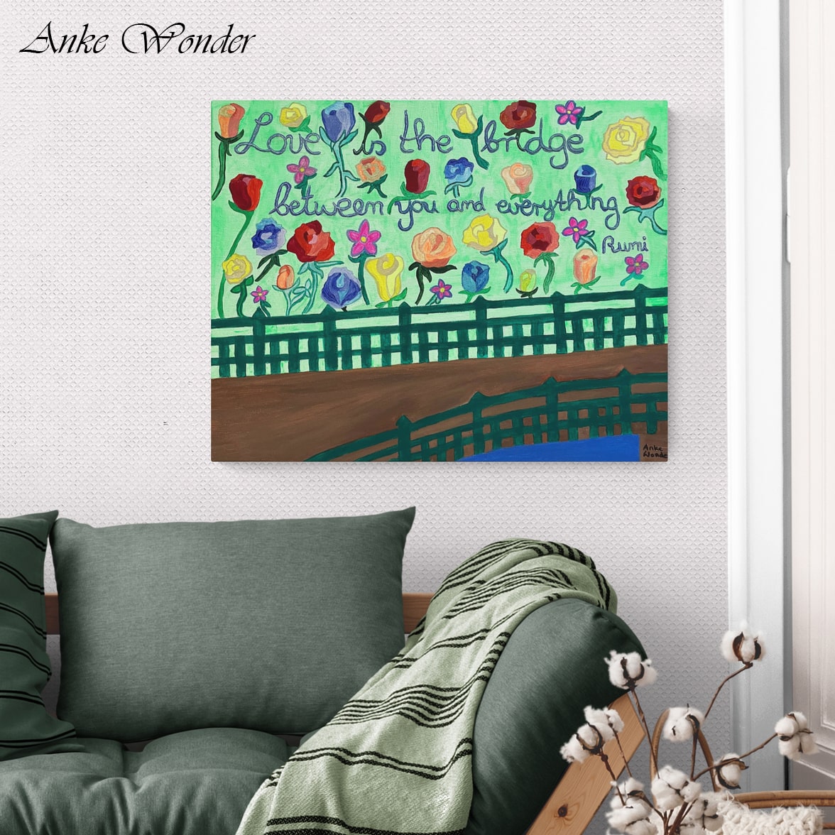 Hand-Embroidered Rumi Painting: “Love is the Bridge Between You and Everything” - Original - Anke Wonder LLC