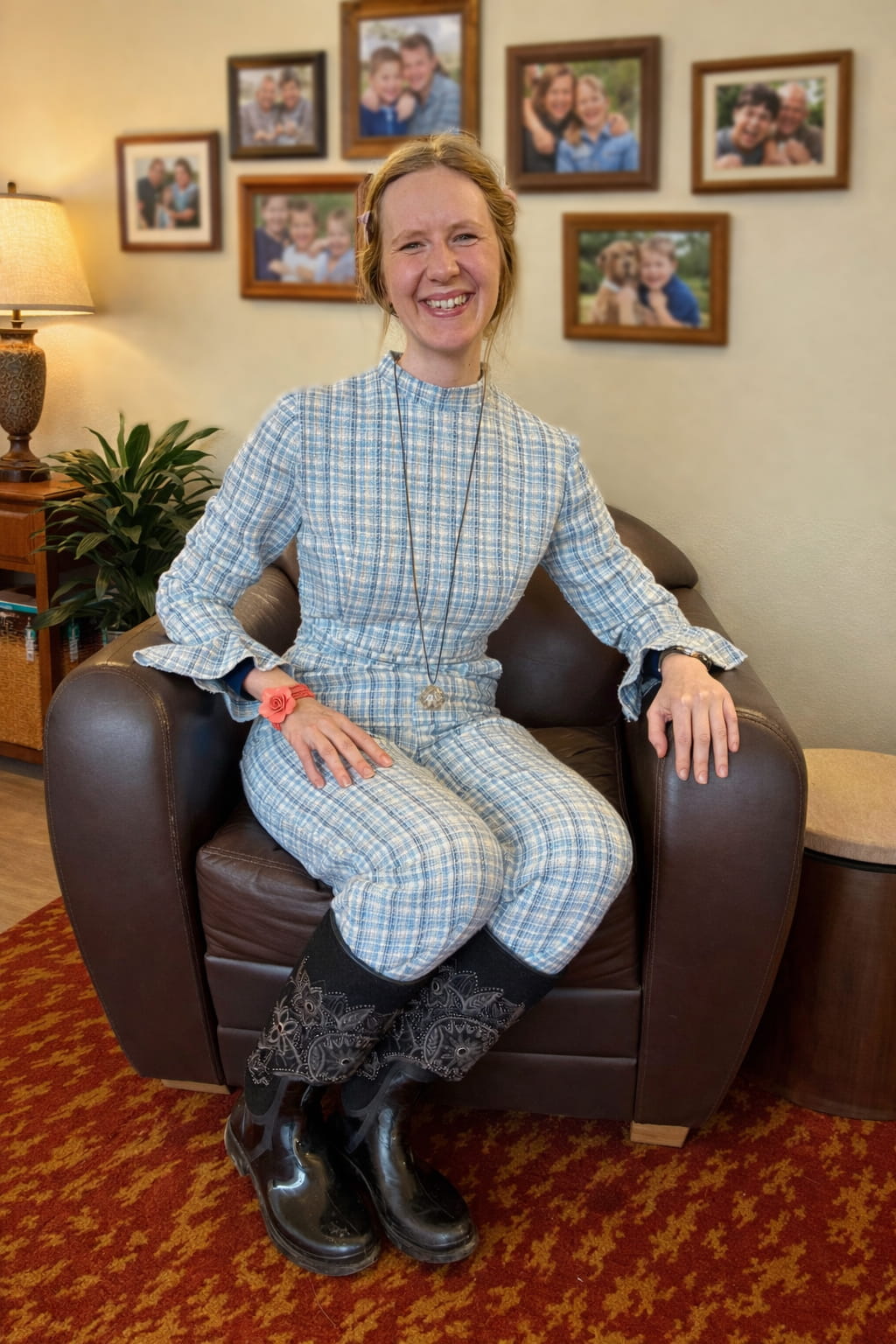 Anke Wonder in a plaid outfit sitting on a brown chair with framed family photos on the wall.
