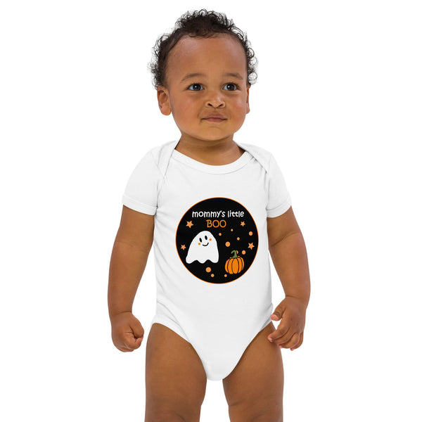 Baby boy modeling the white organic cotton bodysuit with the playful Halloween "Mommy's Little BOO" ghost and pumpkin design. Created by Anke Wonder.