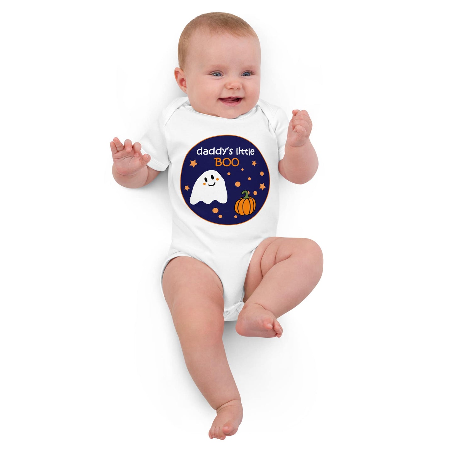 Baby girl wearing a white organic cotton bodysuit with Halloween-themed "Daddy's Little BOO" print, featuring a ghost and pumpkin design.
