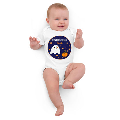 Baby girl wearing a white organic cotton bodysuit with Halloween-themed "Daddy's Little BOO" print, featuring a ghost and pumpkin design.