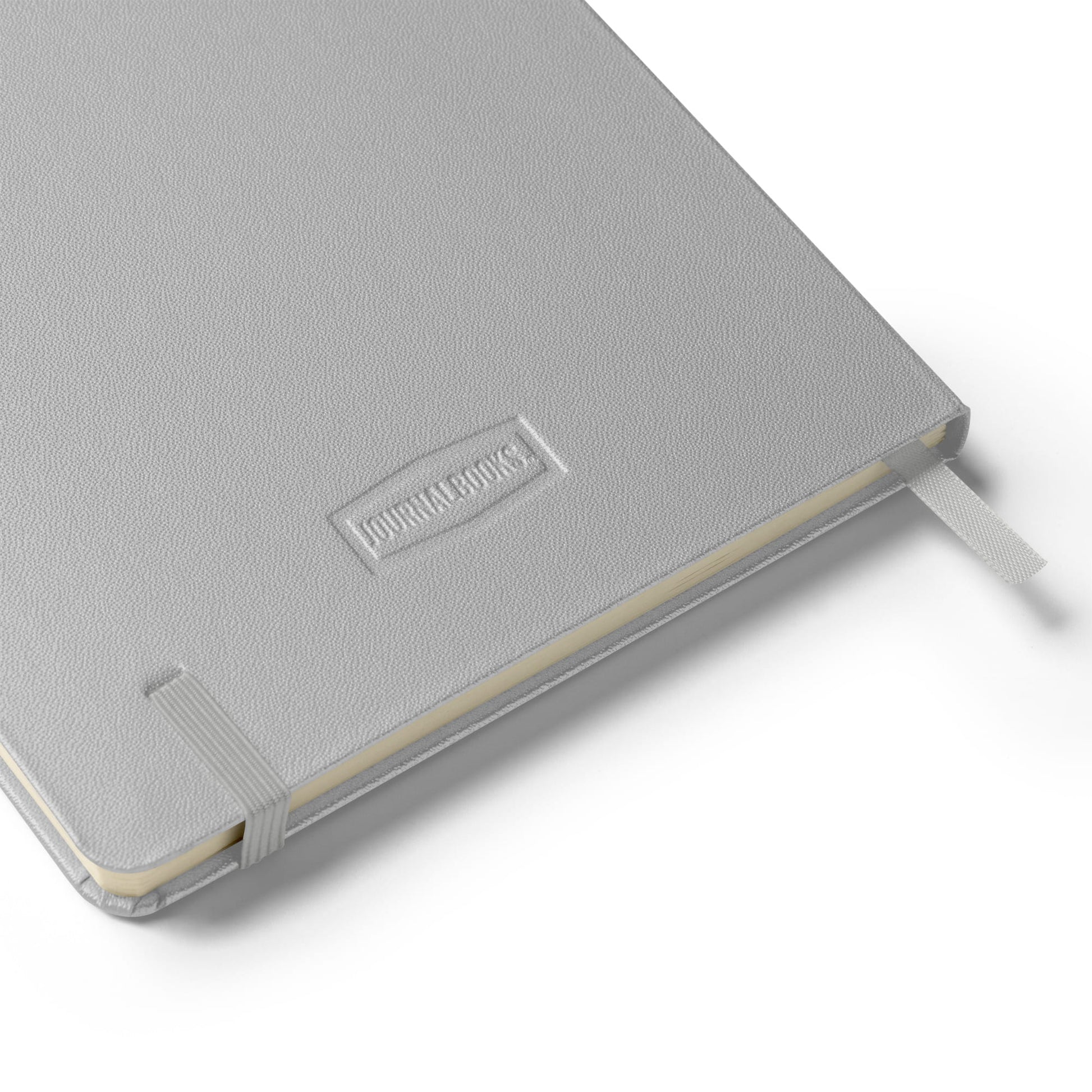 Gray notebook with a brand logo on a white background