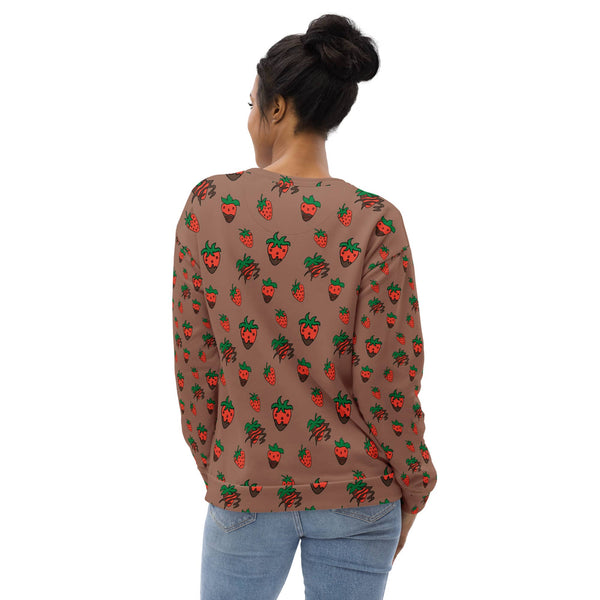 Woman showcasing the back view of the Chocolate Strawberry Women's Recycled Polyester Sweatshirt, featuring a smooth, eco-friendly design with a soft fleece lining in chocolate brown.