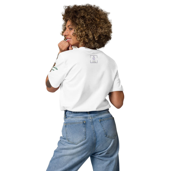 Back view of a woman's eco-friendly t-shirt in a white color with the Anke Wonder logo.