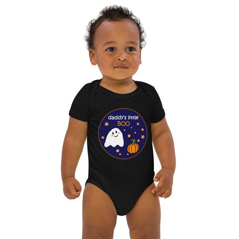 Black baby boy standing while wearing an organic cotton black bodysuit with Halloween ghost design.