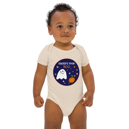 Black baby boy wearing an organic natural cotton baby bodysuit with "Daddy's Little BOO" design.