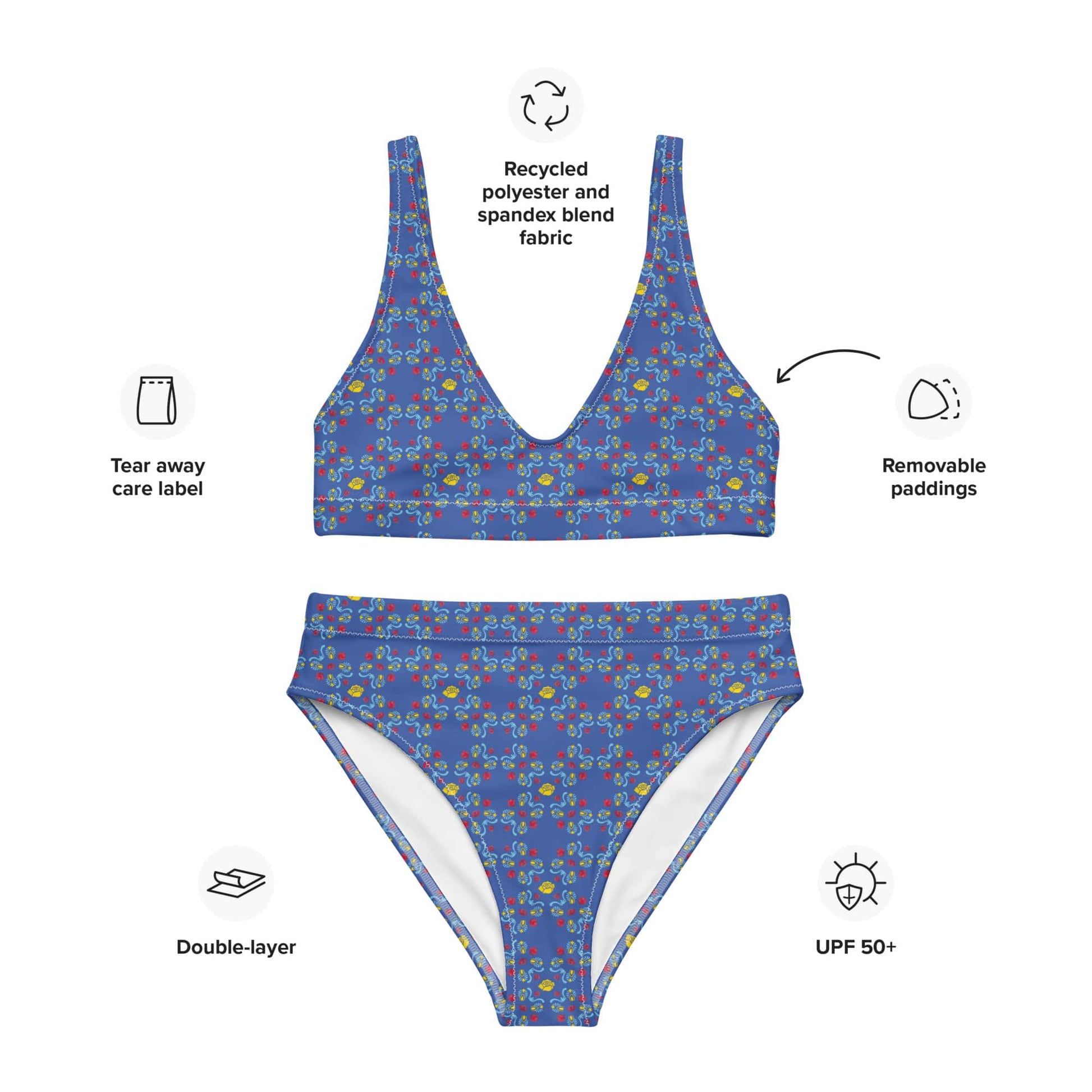 A close-up of the bikini’s blue rose pattern, showcasing the vibrant hand-painted design, UPF 50+ sun protection, and chlorine-resistant, high-quality material.