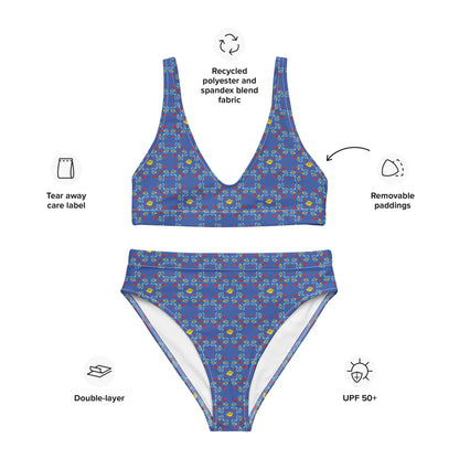 A close-up of the bikini’s blue rose pattern, showcasing the vibrant hand-painted design, UPF 50+ sun protection, and chlorine-resistant, high-quality material.