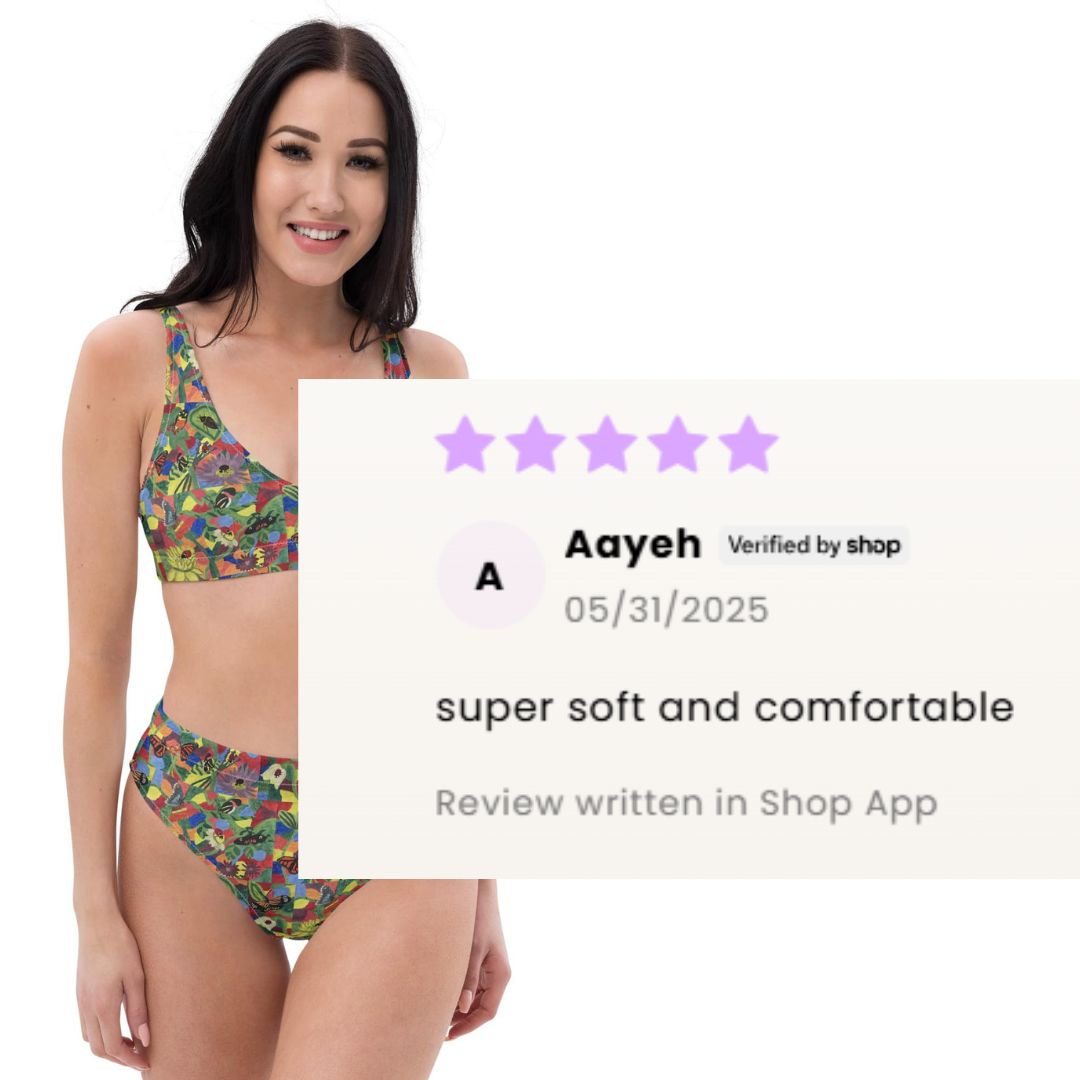 Woman wearing a colorful bikini with a five-star review displayed on a white background