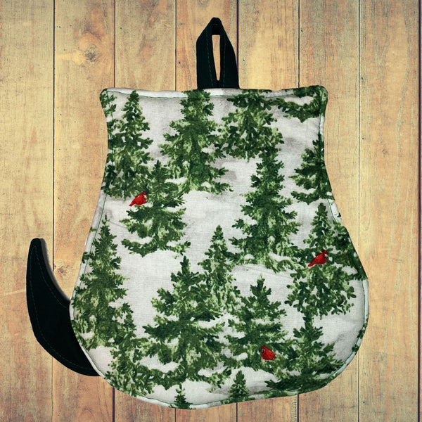 Back view of a cat-shaped potholder with a solid green fabric, showcasing a festive holiday look. The simple design highlights the cat's tail and ears, adding a cozy touch to the kitchen décor.