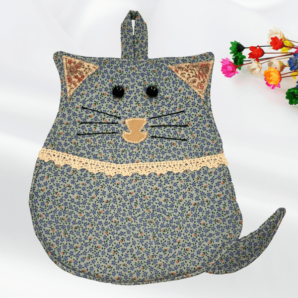 Cat Potholder: Blue Floral Handmade Kitchen Accessories