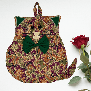 Cat Potholder: Green Floral Handmade Kitchen Accessories