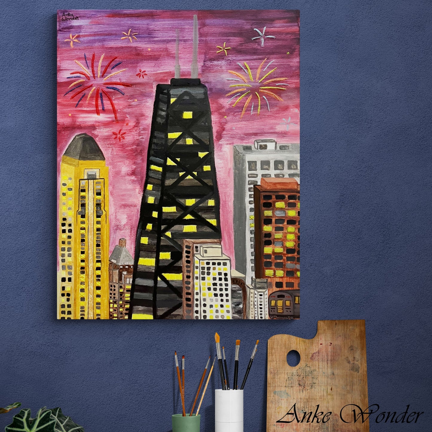 Hand-Embroidered Acrylic Chicago Skyline Painting - Orginal - Anke Wonder LLC