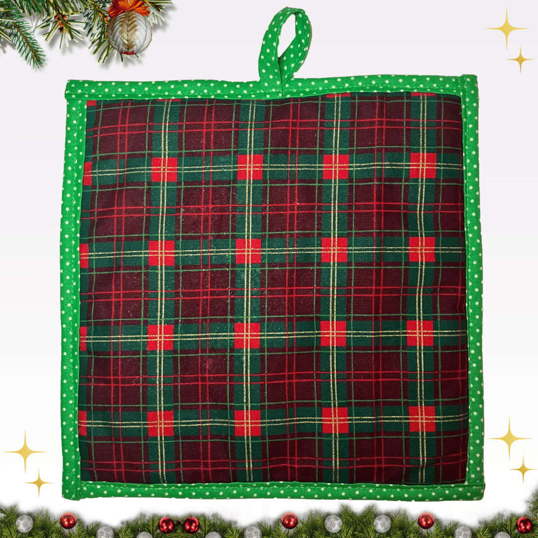 Backside of the Gingerbread Christmas potholder made entirely of classic red and green plaid fabric, perfect for festive kitchen decor.