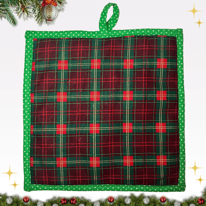 Backside of the Gingerbread Christmas potholder made entirely of classic red and green plaid fabric, perfect for festive kitchen decor.