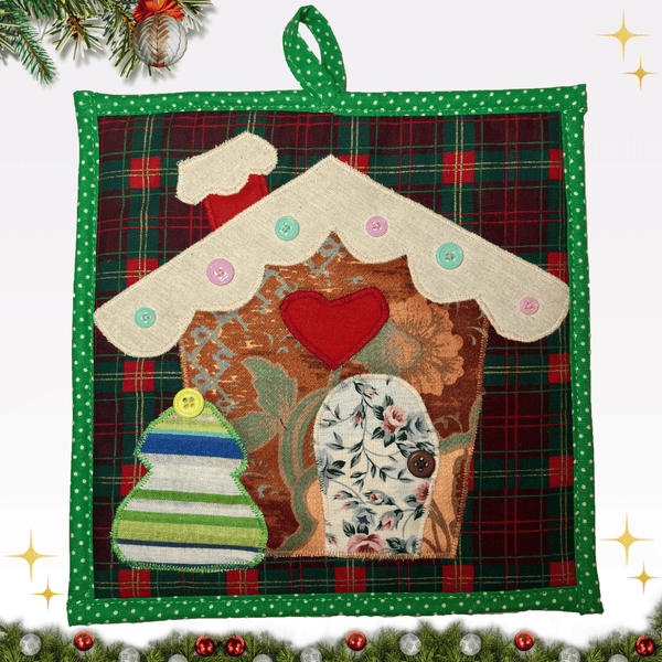 Handmade Gingerbread Christmas potholder featuring a festive gingerbread house design with plaid fabric, decorative buttons, and holiday accents.