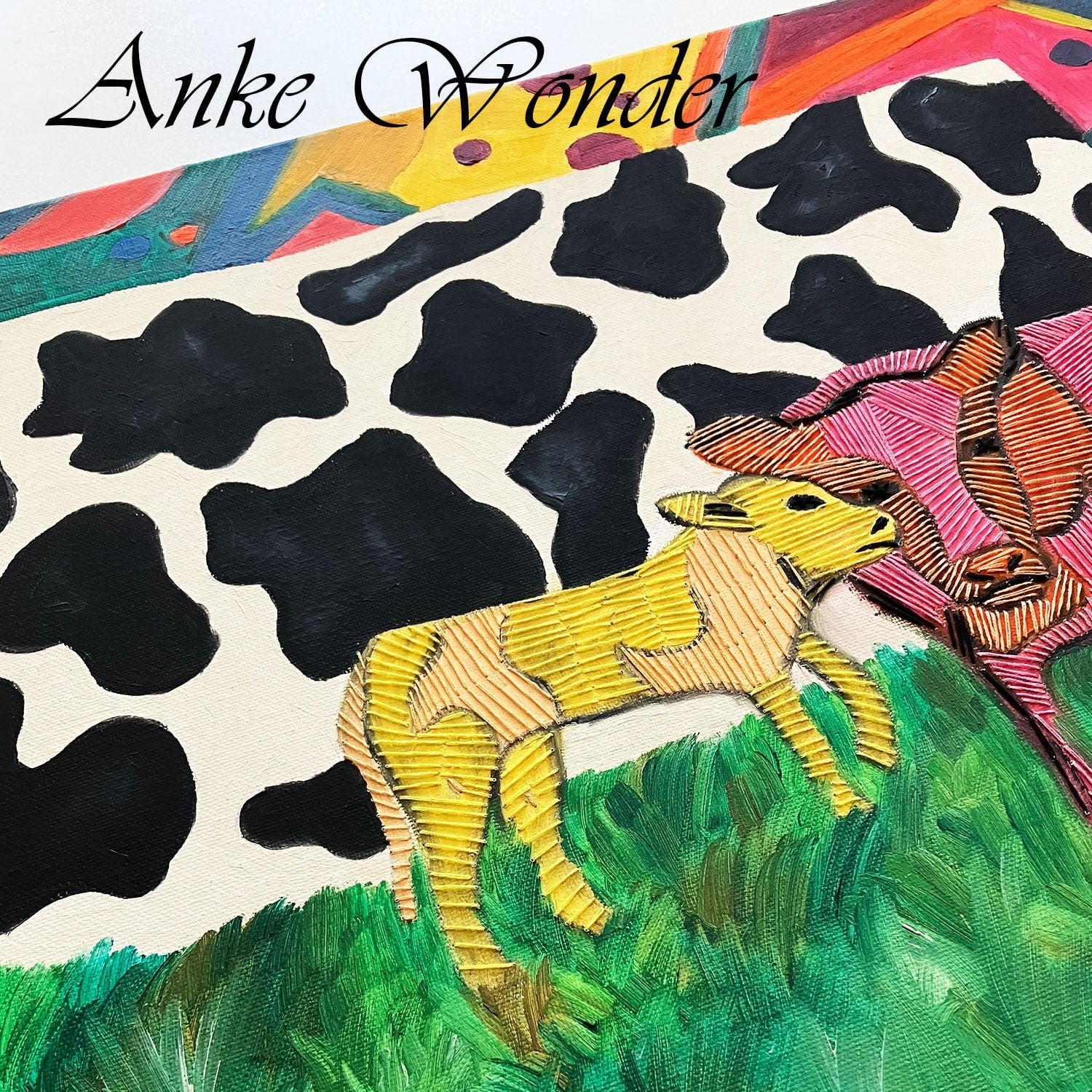 Hand-Embroidered Acrylic Cow Painting - Original - Anke Wonder LLC