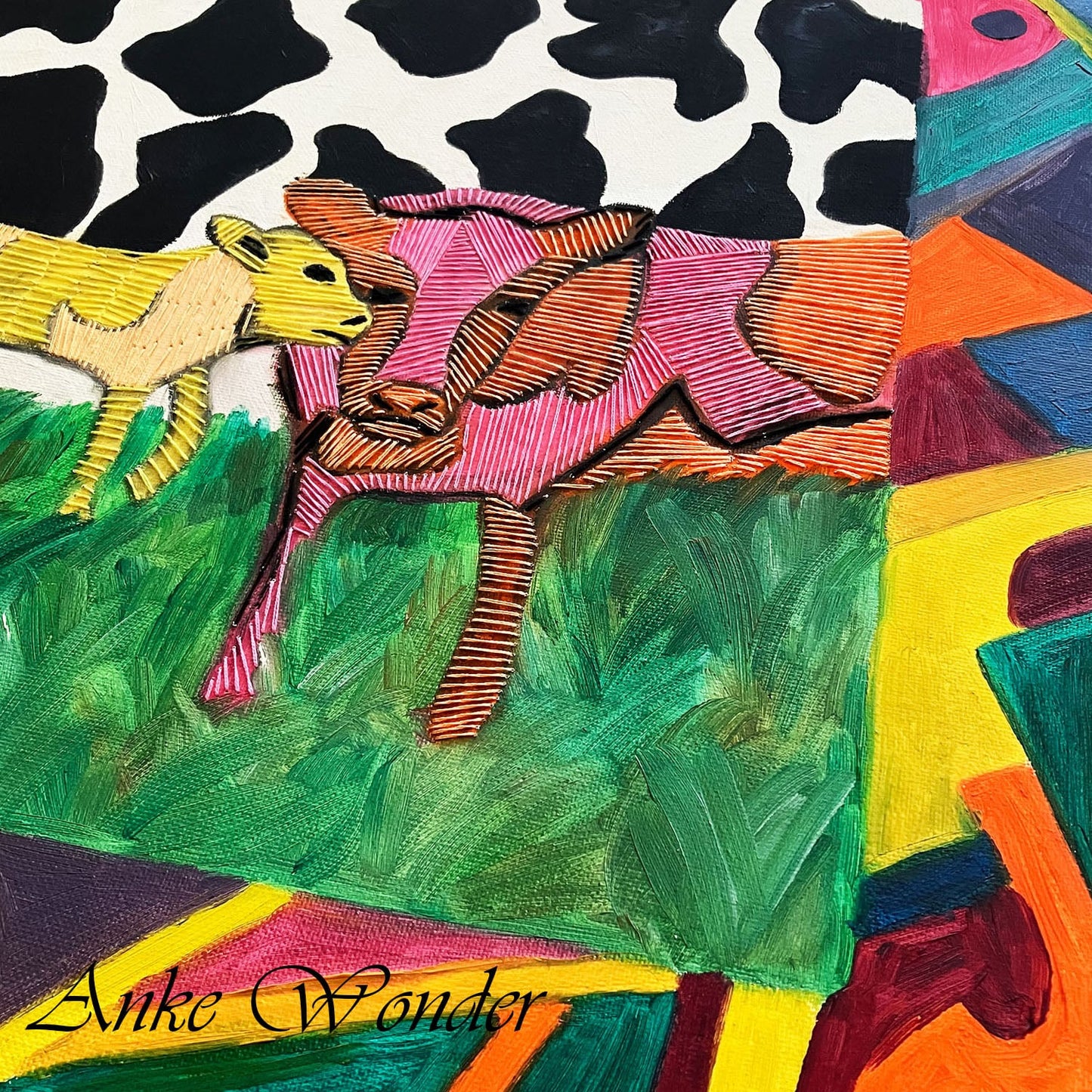 Hand-Embroidered Acrylic Cow Painting - Original - Anke Wonder LLC