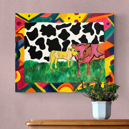 Hand-Embroidered Acrylic Cow Painting - Original - Anke Wonder LLC