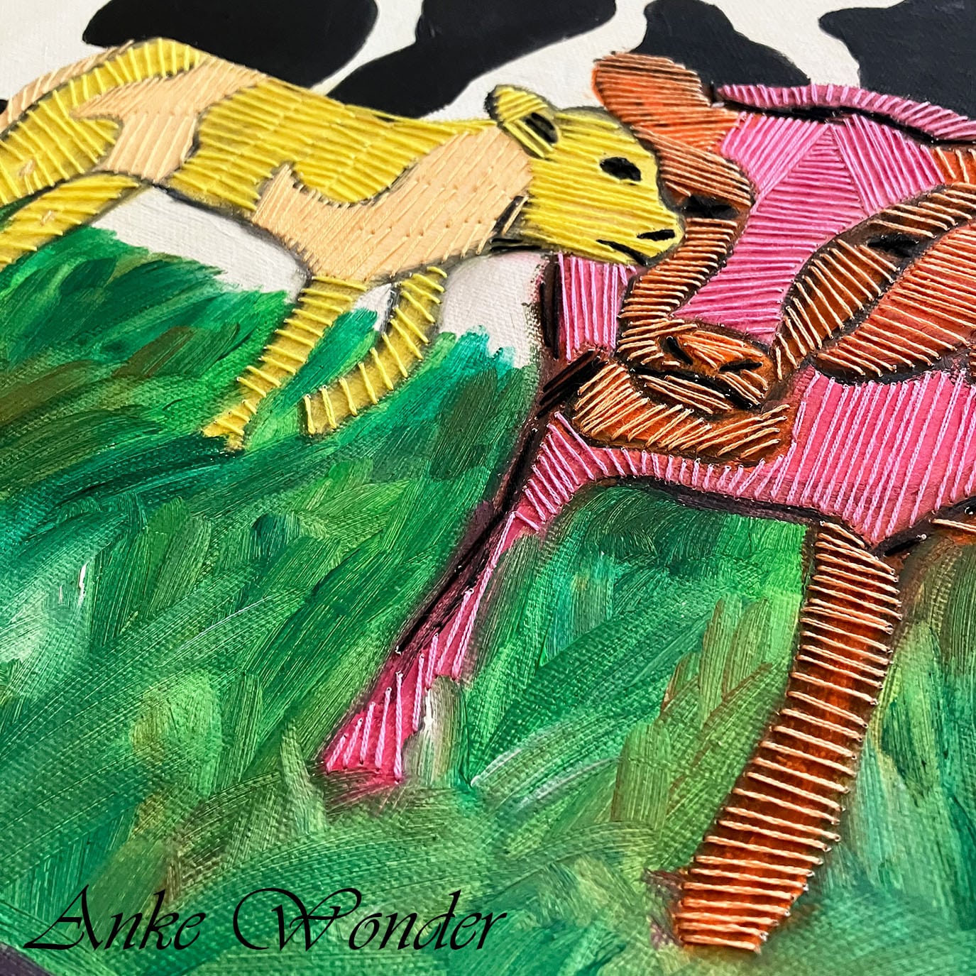 Hand-Embroidered Acrylic Cow Painting - Original - Anke Wonder LLC